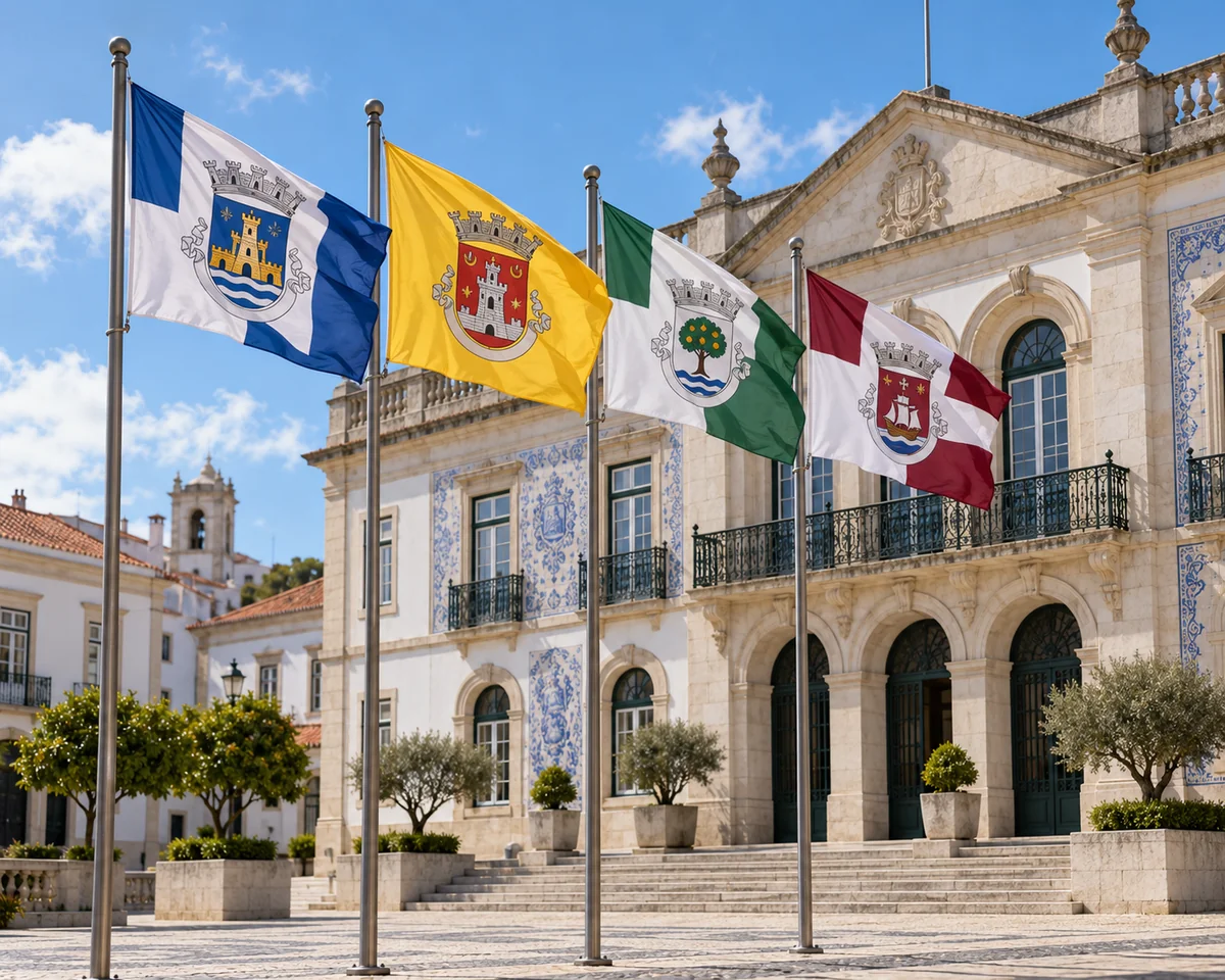 Bandeiras municipais portuguesas junto a edifício público