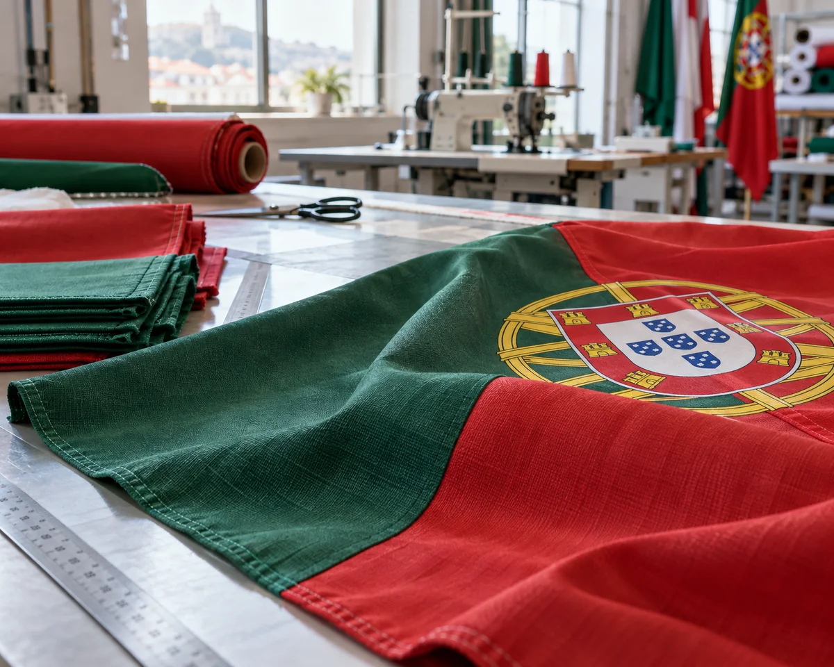 Tecidos em poliéster para bandeiras sobre mesa de trabalho